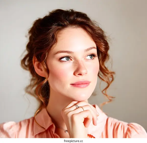 Thoughtful Woman in a Pastel Pink Blouse