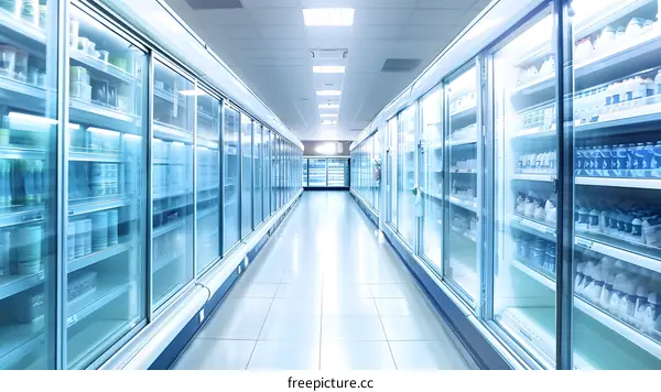 Empty Supermarket Aisle with Glass Refrigerators