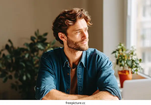 Thoughtful Caucasian Man Contemplating at Window