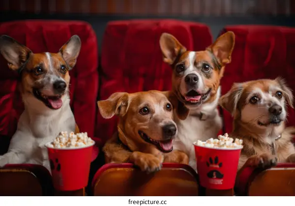 Four dogs are watching a movie in a movie theater