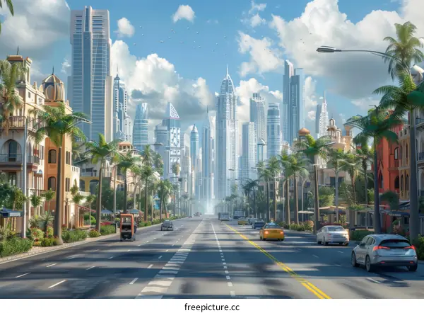 Futuristic City Street with Palm Trees and Skyscrapers