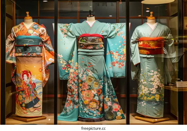 Three beautiful Japanese kimono displayed in a showcase