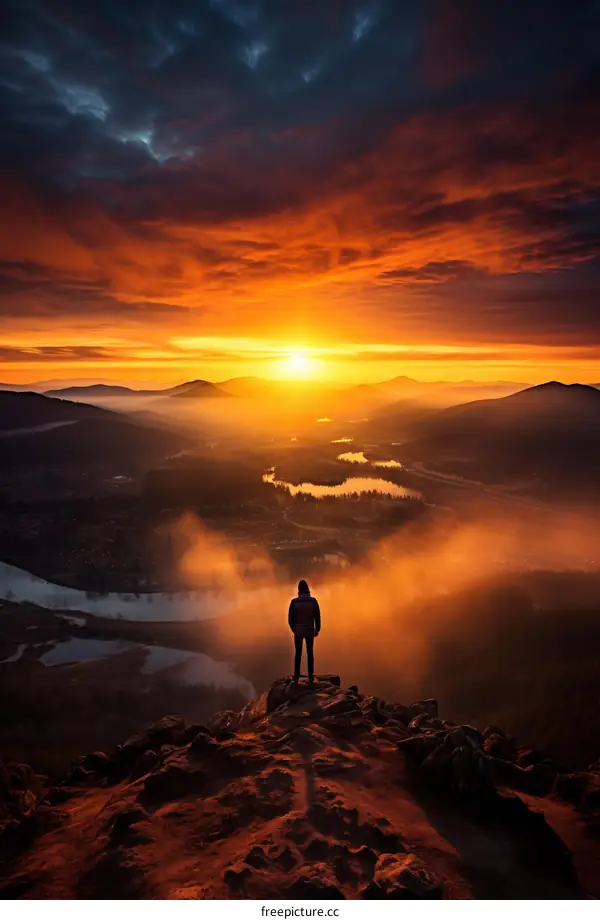 Man standing on a mountaintop overlooking a valley at sunset