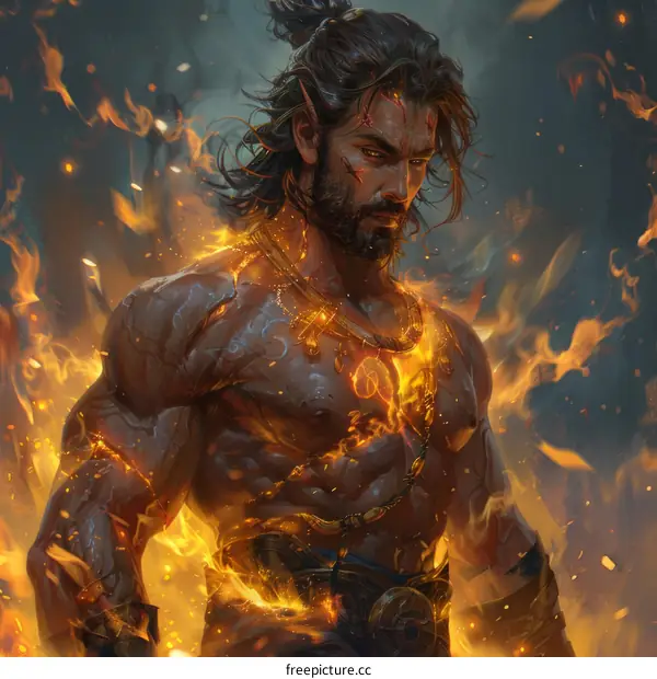 Illustration of a muscular, shirtless man with long brown hair and a beard, surrounded by flames