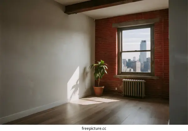 Empty room with brick wall and large window showing city view