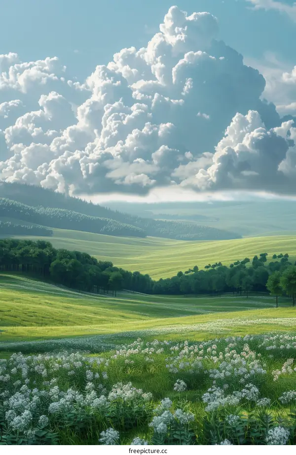 Nature's Embrace: Stunning Landscape of Mountains, Sky, and Green Meadows