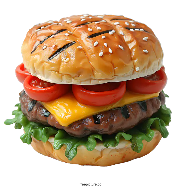 [Transparent Background PNG]A delicious-looking burger with sesame seeds on the bun and a tomato slice, cheese, and lettuce.