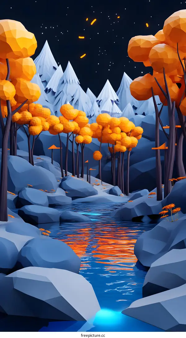 Low Poly Night Scene with Stream and Mountains