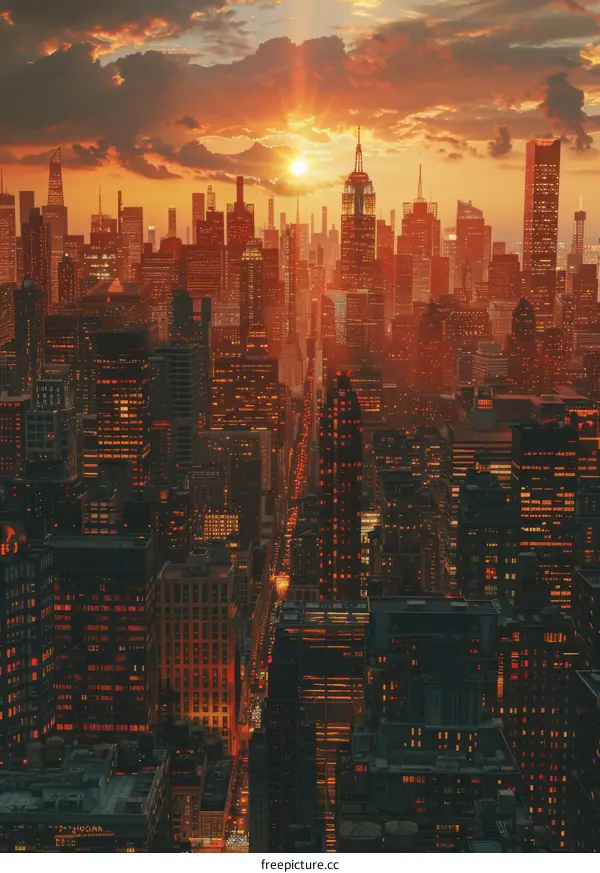Sunset Cityscape Aerial View of Skyscrapers