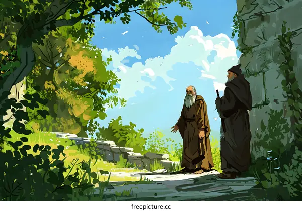 Two Monks Talking in a Forest Setting