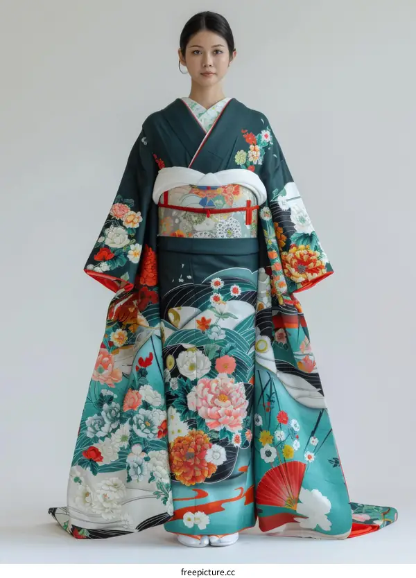 A woman wearing a kimono with a floral pattern
