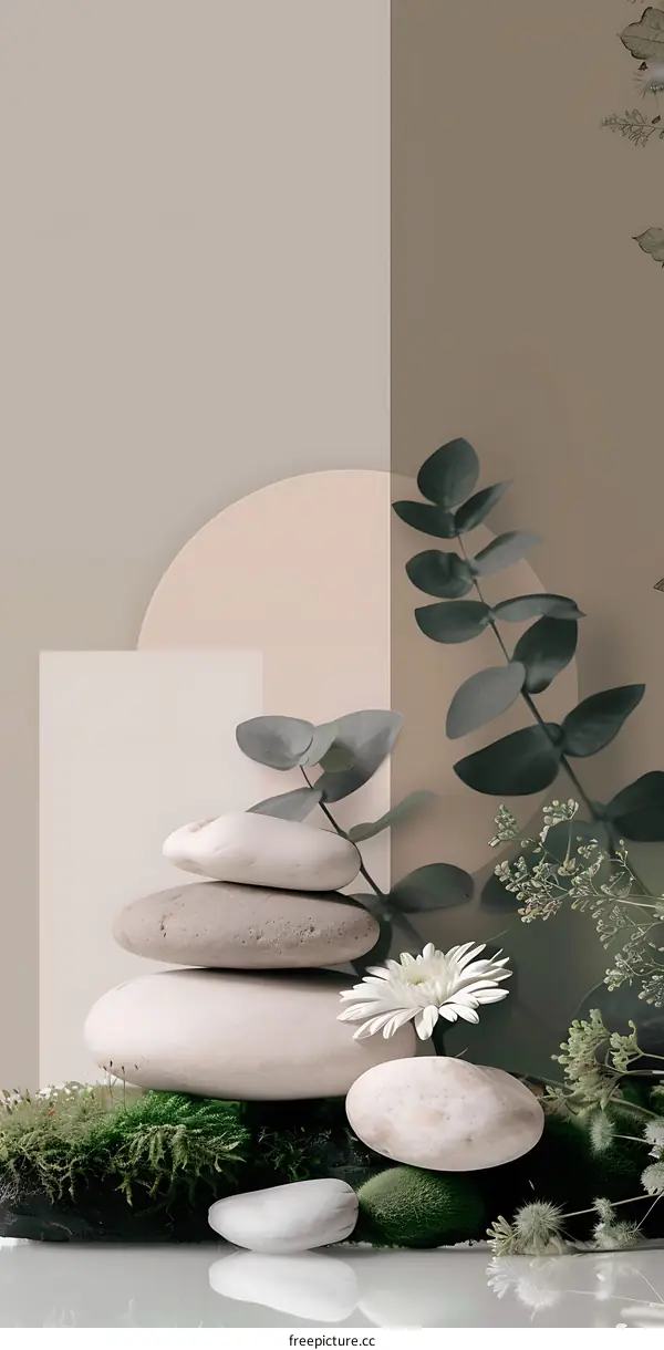 Minimalist Still Life with Stones, Flowers, and Greenery