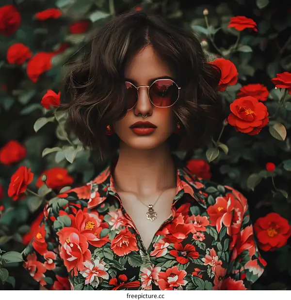 Woman With Short Curly Hair Wearing Sunglasses In Front Of Red Roses