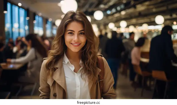 Portrait of a young woman smiling in a restaurant