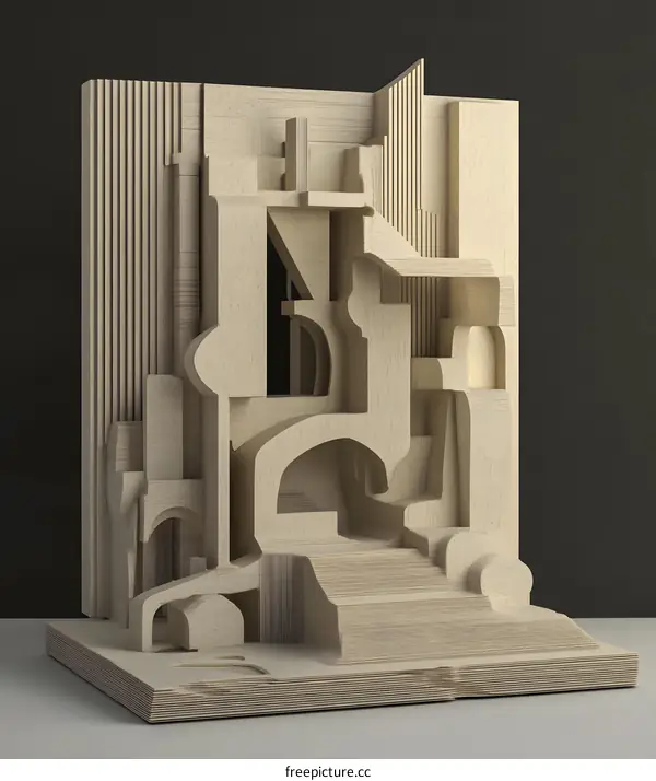 Abstract Wooden Sculpture with Geometric Shapes and Interconnected Spaces