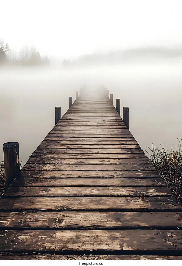 Wooden Dock Leading Into Foggy Lake