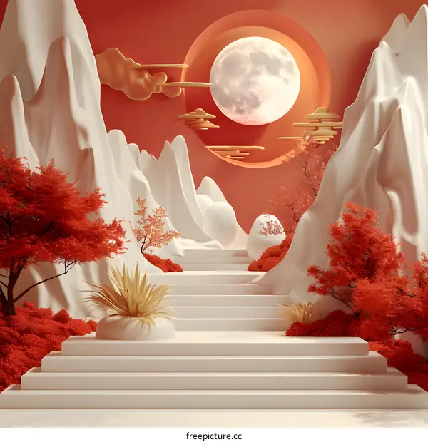 Red moon and mountains