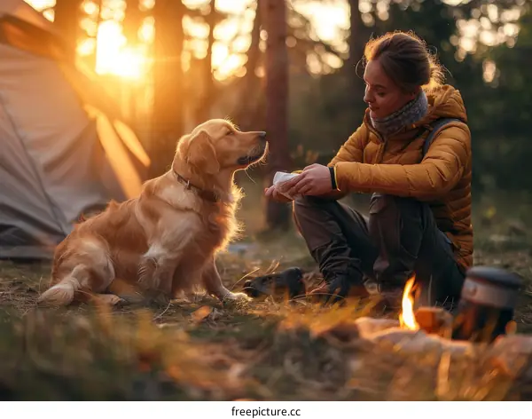 Woman kneels beside a golden retriever in the woods