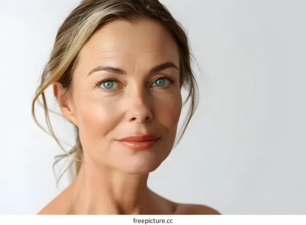 portrait of a middle-aged woman with blonde hair and blue eyes