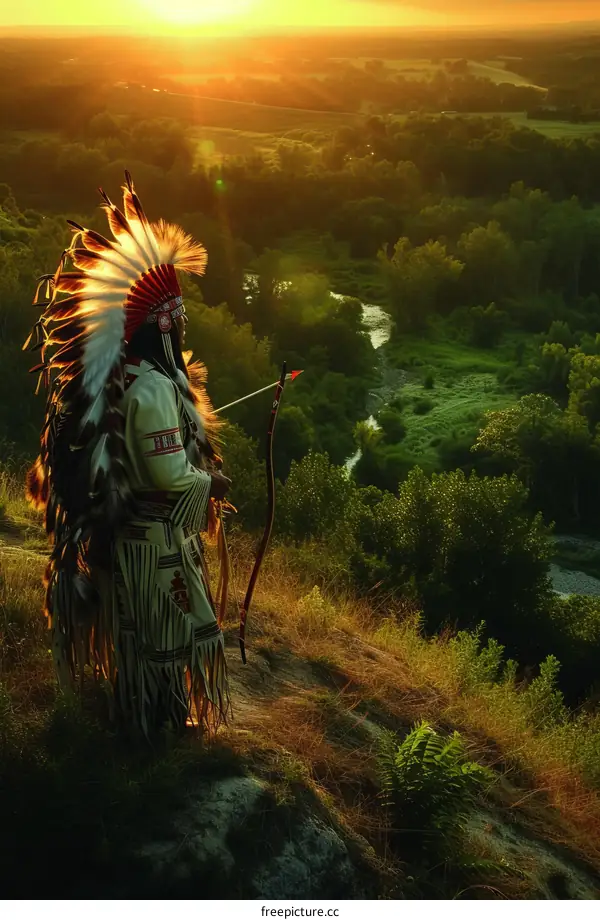 A Native American man stands on a hilltop overlooking a river and valley at sunset.