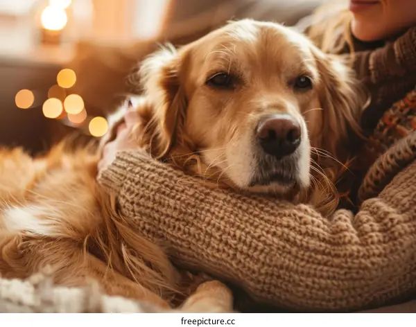 A woman is hugging a golden retriever dog on the couch
