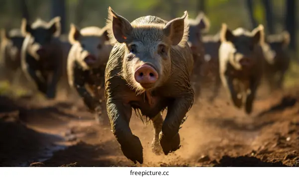 A group of feral pigs running through the forest