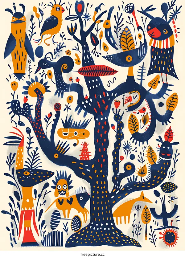 Colorful Abstract Tree With Various Animals And Plants