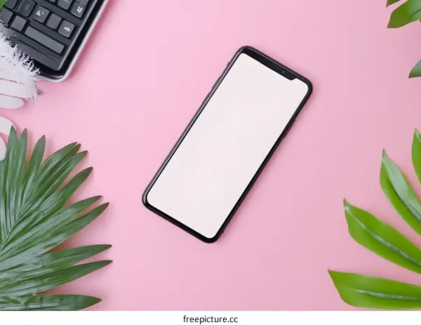Flat Lay With Smartphone, Green Leaves and Pink Background