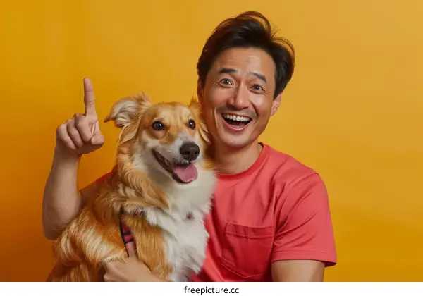 Portrait of a happy Asian man with his dog