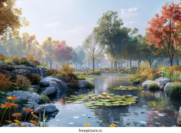 Colorful Autumn Trees and Pond with Water Lilies