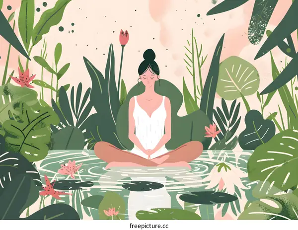 Woman Meditating In Lush Tropical Garden