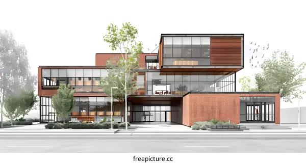 the exterior of a modern office building with brick and glass