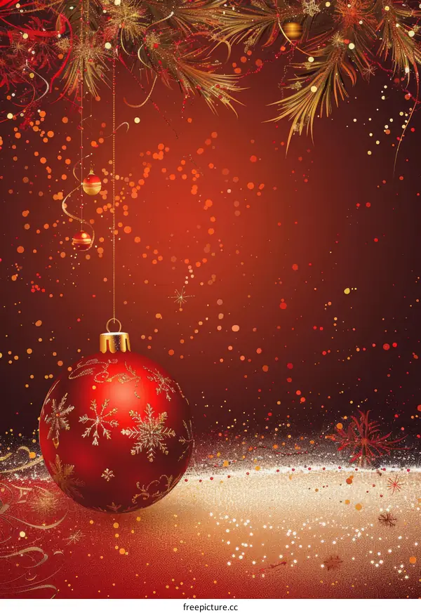 Red and gold Christmas background with a hanging ornament