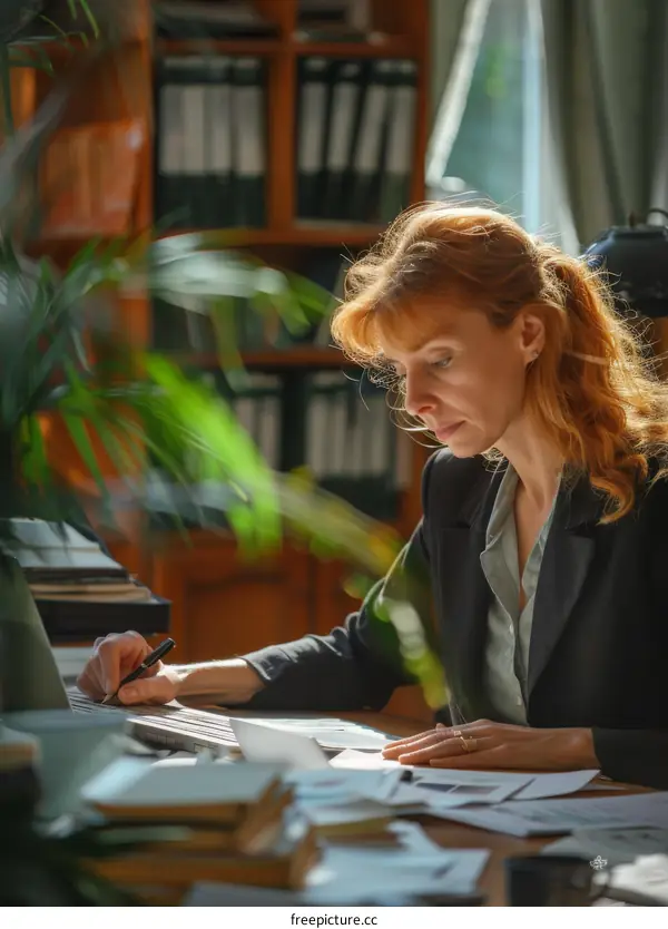 Focused Woman Working at a Desk