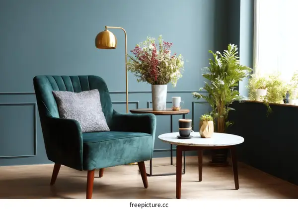Teal Velvet Armchair and Coffee Table Setting
