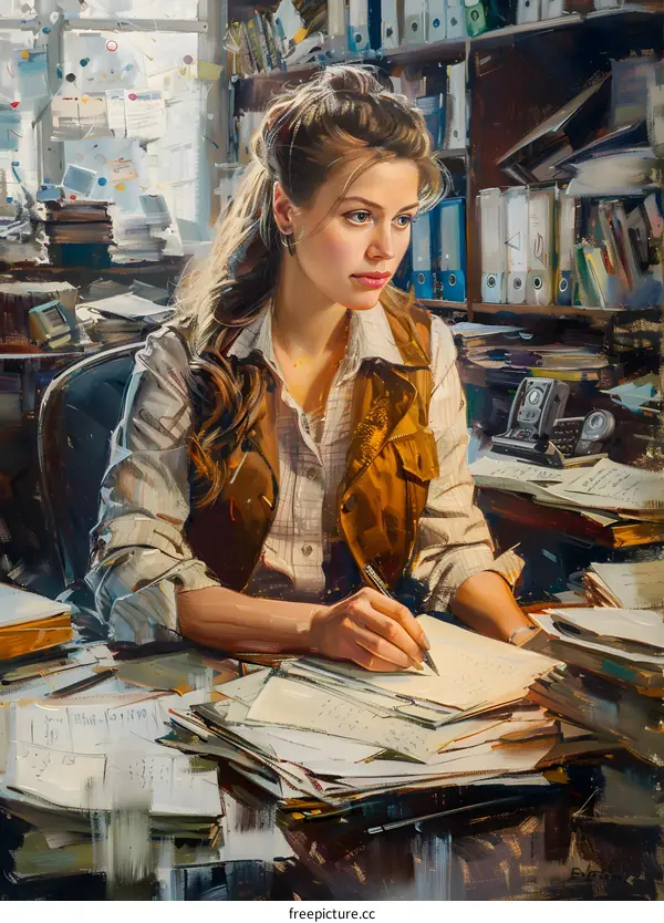 Portrait of a young woman in a brown vest and white blouse sitting at a desk in an office writing on a notepad