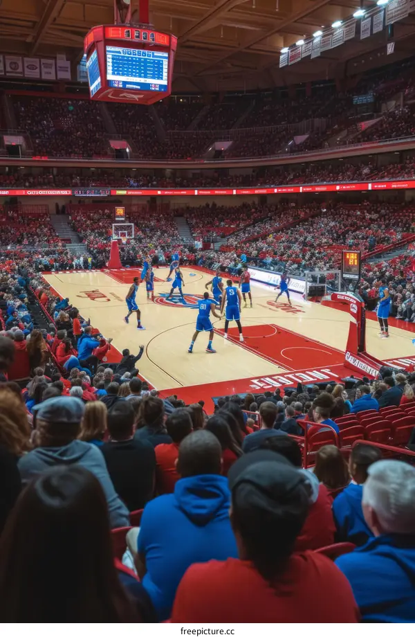 Intense basketball game with 5 players on the court and a crowd of spectators