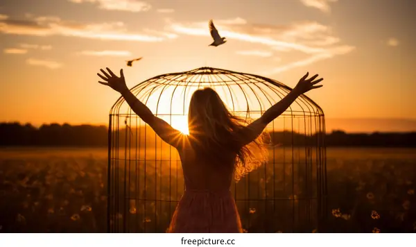 Girl Releases Bird from Cage into Sunset Sky