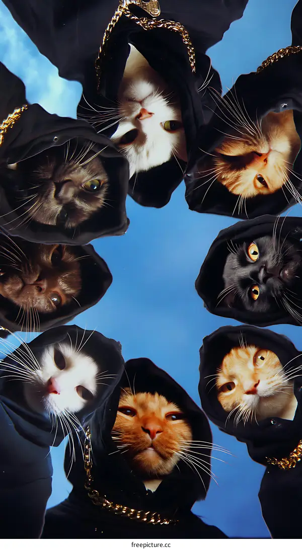 Cats in Hoodies against a Blue Sky