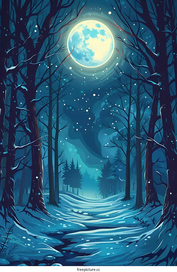 Winter Forest Scene with Full Moon
