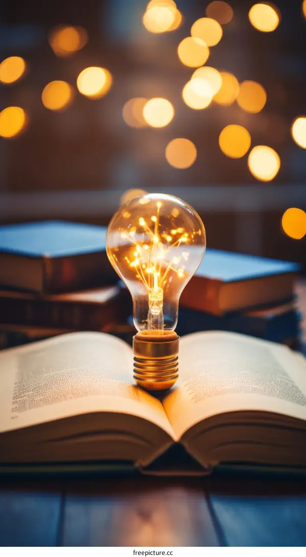 Light bulb on a book with a glowing filament