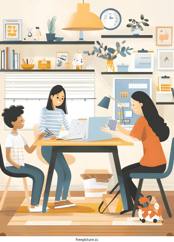 Family Learning Together At Home Illustration