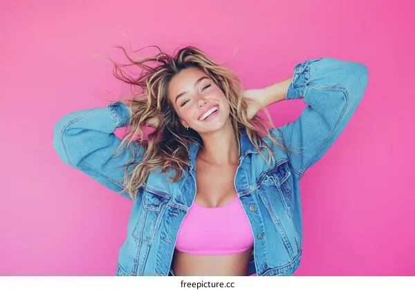 Cheerful Woman Posing Against a Vibrant Pink Background