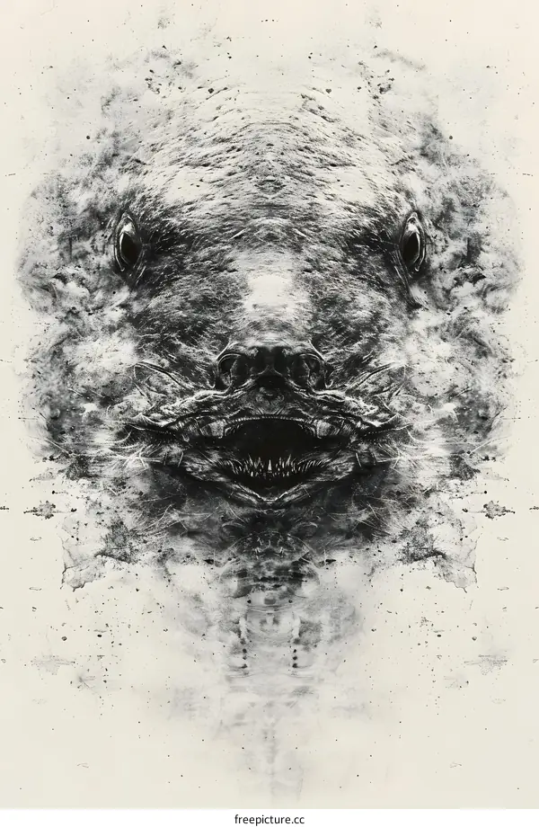 A black and white image of a fish face with sharp teeth.