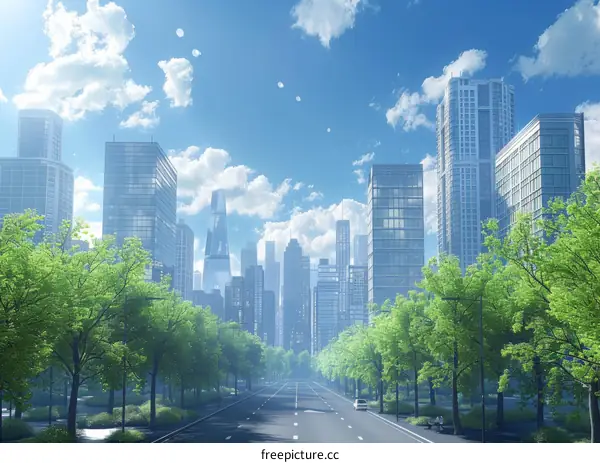 Modern Cityscape with Skyscrapers and Lush Greenery