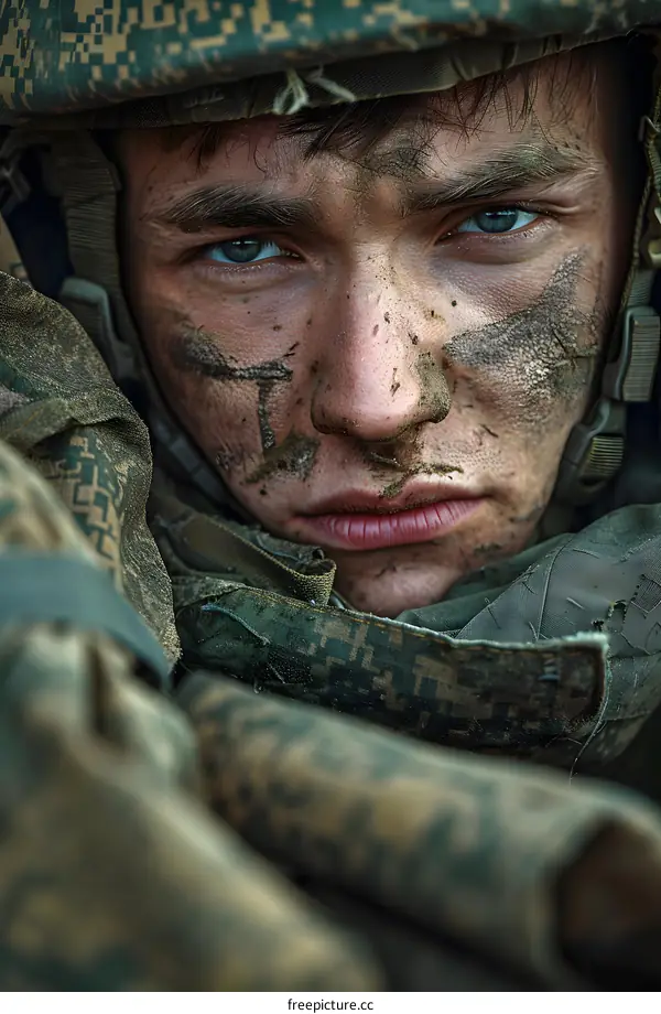 Portrait of a young soldier with dirt on his face