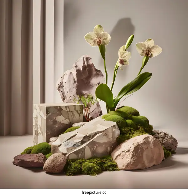 Minimalist Floral Arrangement with Stone and Moss