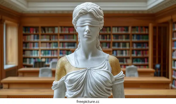 Statue of Justitia, the Roman goddess of justice, in a library