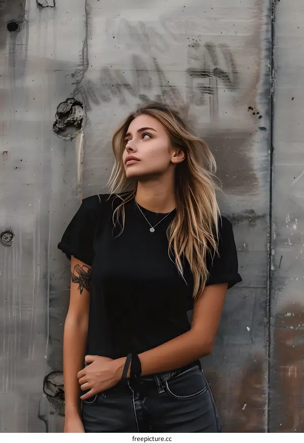 Young Woman With Blonde Hair Looking Up