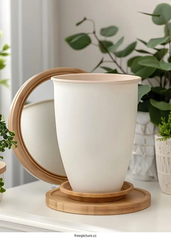 White Ceramic Flower Pot with Bamboo Saucer